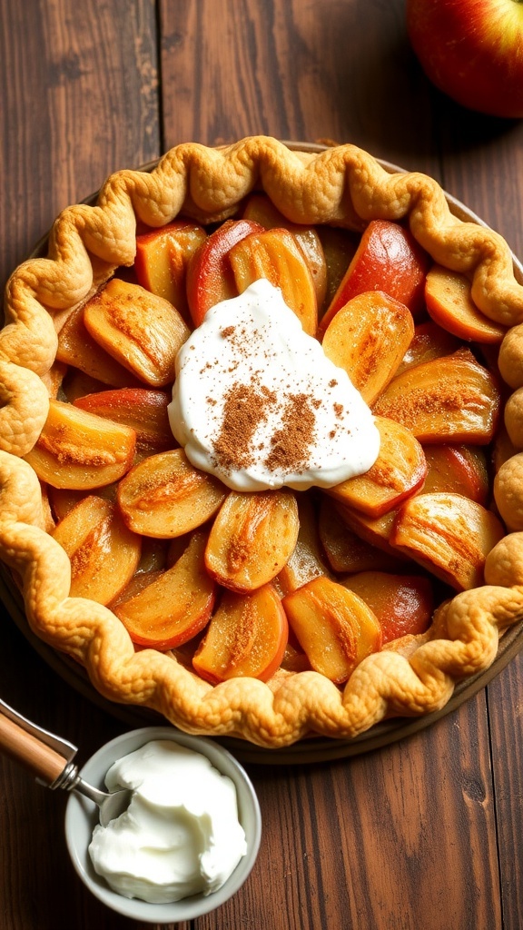 A zero carb apple pie with a golden crust and spiced apple filling, served on a wooden table with a slice cut out.